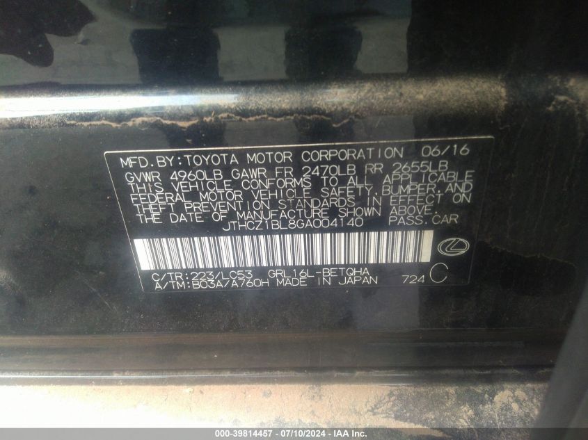 2016 Lexus Gs 350 350 VIN: JTHCZ1BL8GA004140 Lot: 39814457