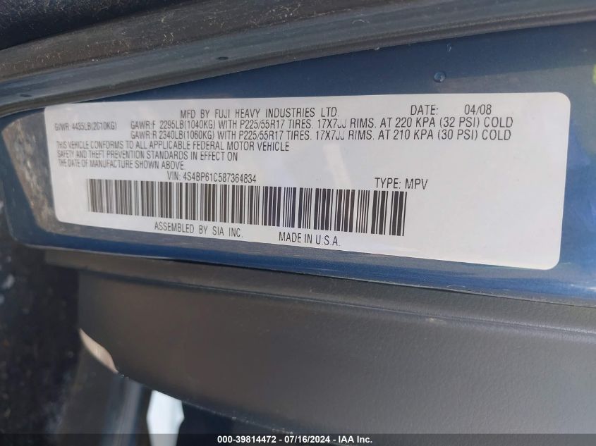 2008 Subaru Outback 2.5I VIN: 4S4BP61C587364834 Lot: 39814472