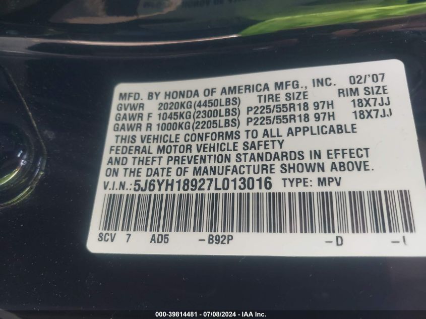 2007 Honda Element Sc VIN: 5J6YH18927L013016 Lot: 39814481