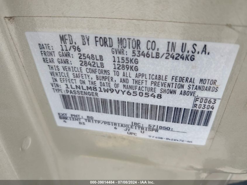 1997 Lincoln Town Car Executive VIN: 1LNLM81W9VY650548 Lot: 39814484