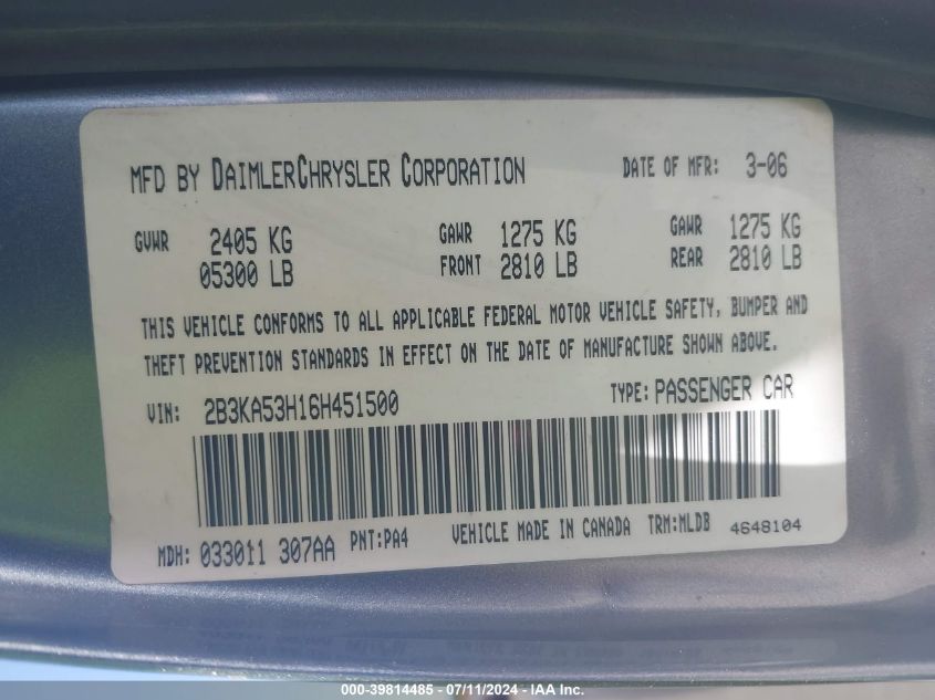 2006 Dodge Charger Rt VIN: 2B3KA53H16H451500 Lot: 39814485