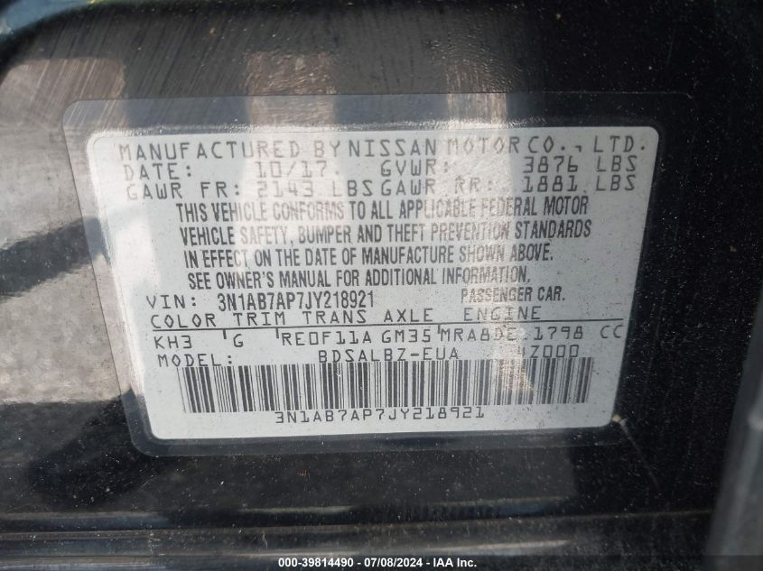 2018 Nissan Sentra S VIN: 3N1AB7AP7JY218921 Lot: 39814490