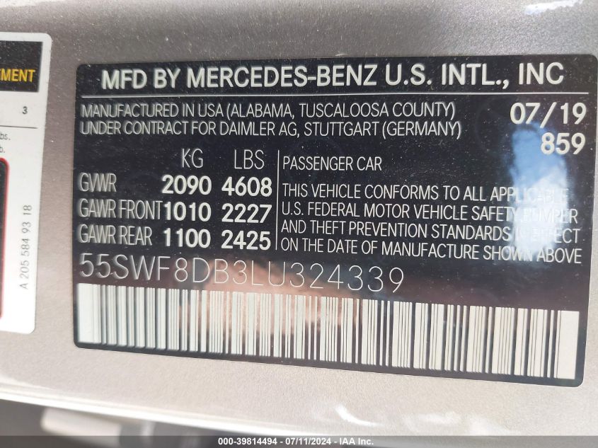 2020 Mercedes-Benz C 300 VIN: 55SWF8DB3LU324339 Lot: 39814494