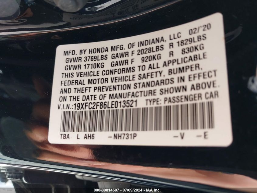 2020 Honda Civic Sedan Sport VIN: 19XFC2F86LE013521 Lot: 39814507