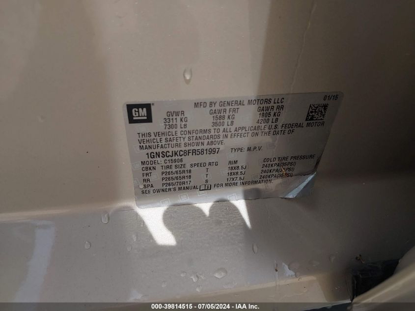 2015 Chevrolet Suburban 1500 Lt VIN: 1GNSCJKC8FR581997 Lot: 39814515