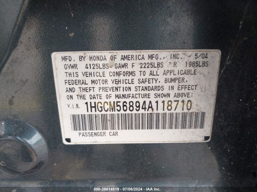 2004 Honda Accord 2.4 Ex VIN: 1HGCM56894A118710 Lot: 39814519