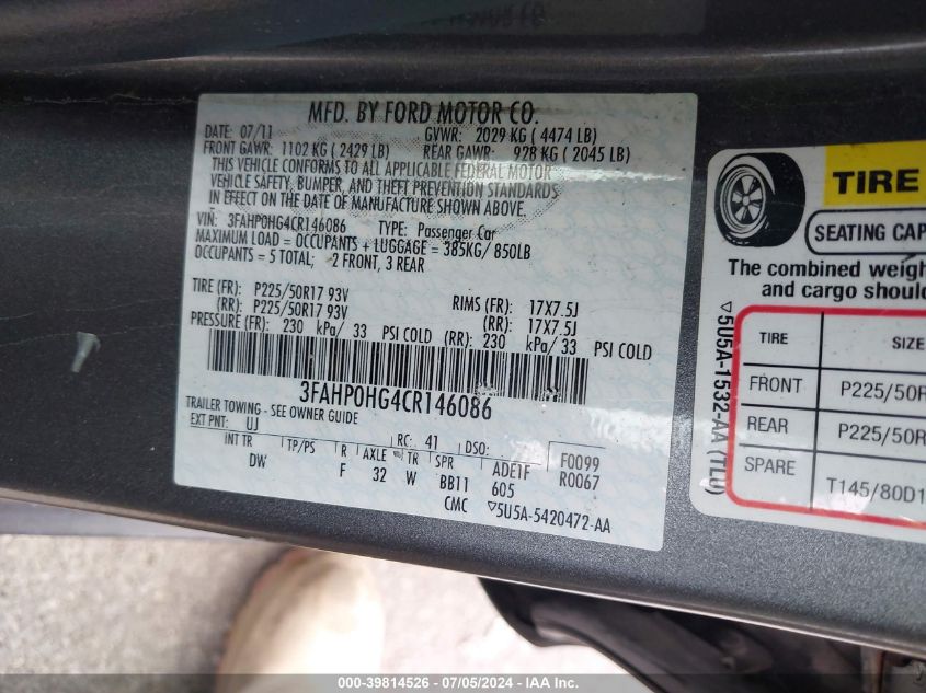 2012 Ford Fusion Se VIN: 3FAHP0HG4CR146086 Lot: 39814526