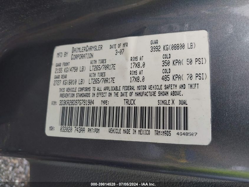 2007 Dodge Ram 2500 Slt/Sport VIN: 3D3KR28D97G791904 Lot: 39814528