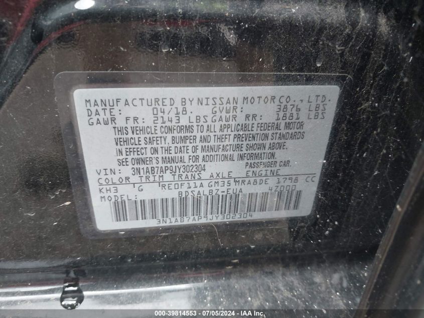 2018 Nissan Sentra S VIN: 3N1AB7AP9JY302304 Lot: 39814553