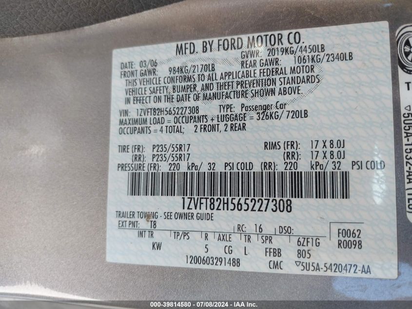 2006 Ford Mustang Gt VIN: 1ZVFT82H565227308 Lot: 39814580