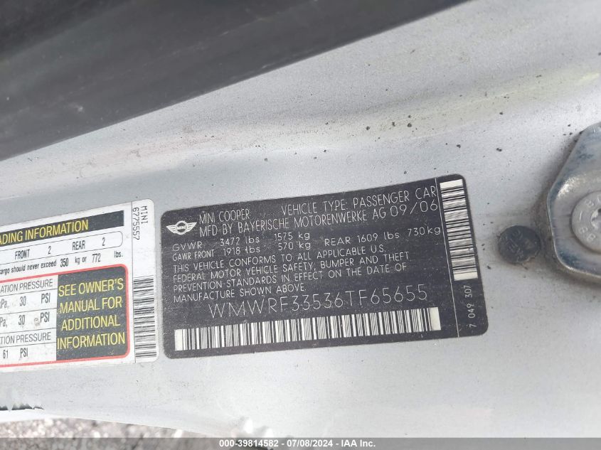 2006 Mini Cooper VIN: WMWRF33536TF65655 Lot: 39814582