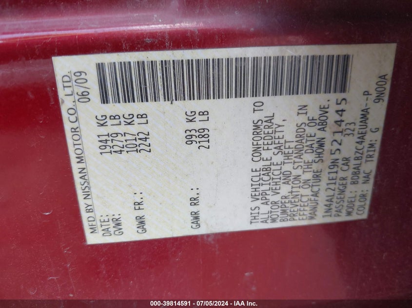 2009 Nissan Altima 2.5 S VIN: 1N4AL21E19N521445 Lot: 39814591