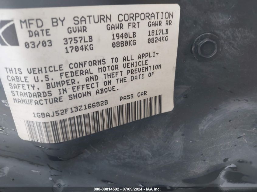 2003 Saturn Ion 2 VIN: 1G8AJ52F13Z166828 Lot: 39814592