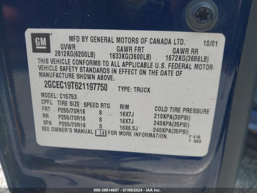 2002 Chevrolet Silverado 1500 Ls VIN: 2GCEC19T621197750 Lot: 39814607