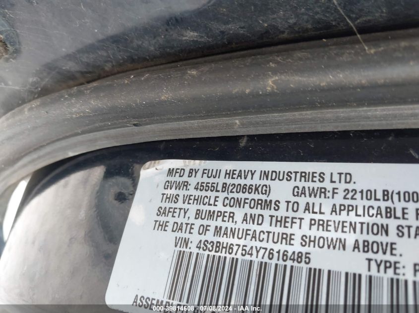 2000 Subaru Outback VIN: 4S3BH6754Y7616485 Lot: 39814608