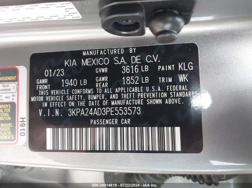 2023 Kia Rio S VIN: 3KPA24AD3PE553573 Lot: 39814619