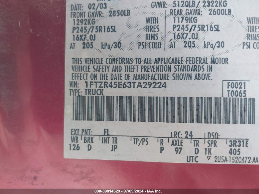 2003 Ford Ranger Super Cab VIN: 1FTZR45E63TA29224 Lot: 39814629