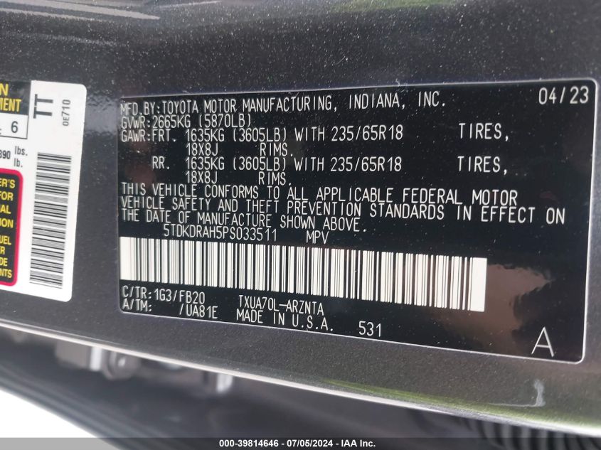 2023 Toyota Highlander Le VIN: 5TDKDRAH5PS033511 Lot: 39814646