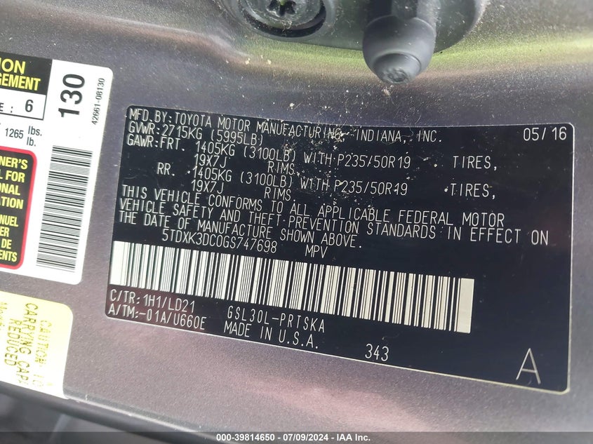 2016 Toyota Sienna Se 8 Passenger VIN: 5TDXK3DC0GS747698 Lot: 39814650