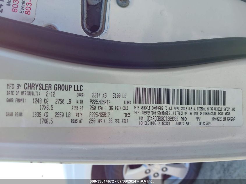 2012 Dodge Journey Sxt VIN: 3C4PDCBG8CT289392 Lot: 39814672