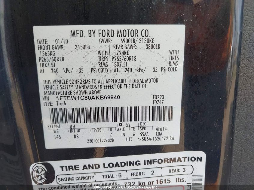 2010 Ford F-150 Fx2 Sport VIN: 1FTEW1C80AKB69940 Lot: 39814683