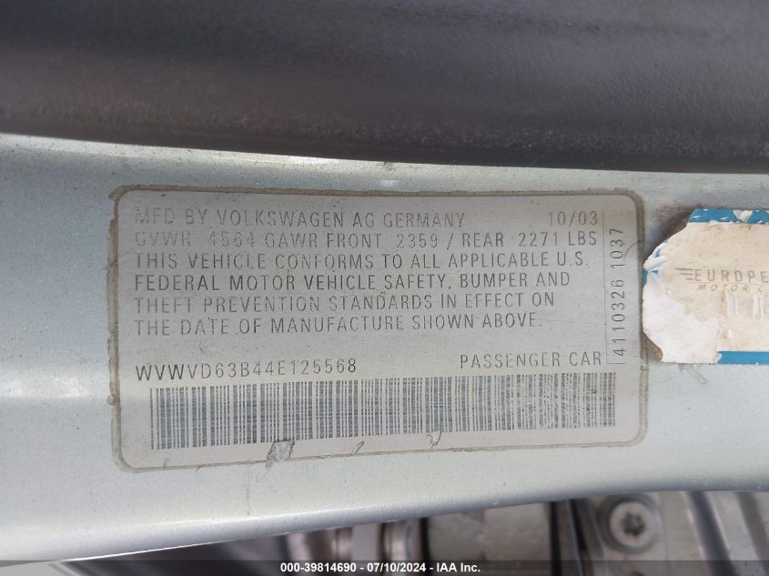 2004 Volkswagen Passat Gls VIN: WVWVD63B44E125568 Lot: 39814690
