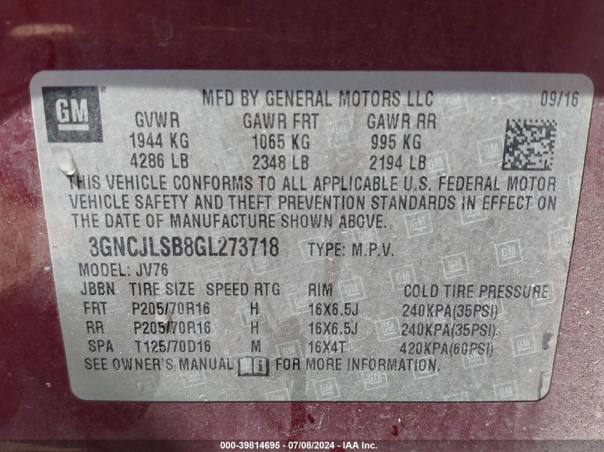 2016 Chevrolet Trax Lt VIN: 3GNCJLSB8GL273718 Lot: 39814695