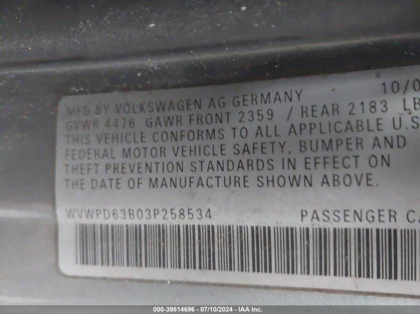 WVWPD63B03P258534 2003 Volkswagen Passat Gls