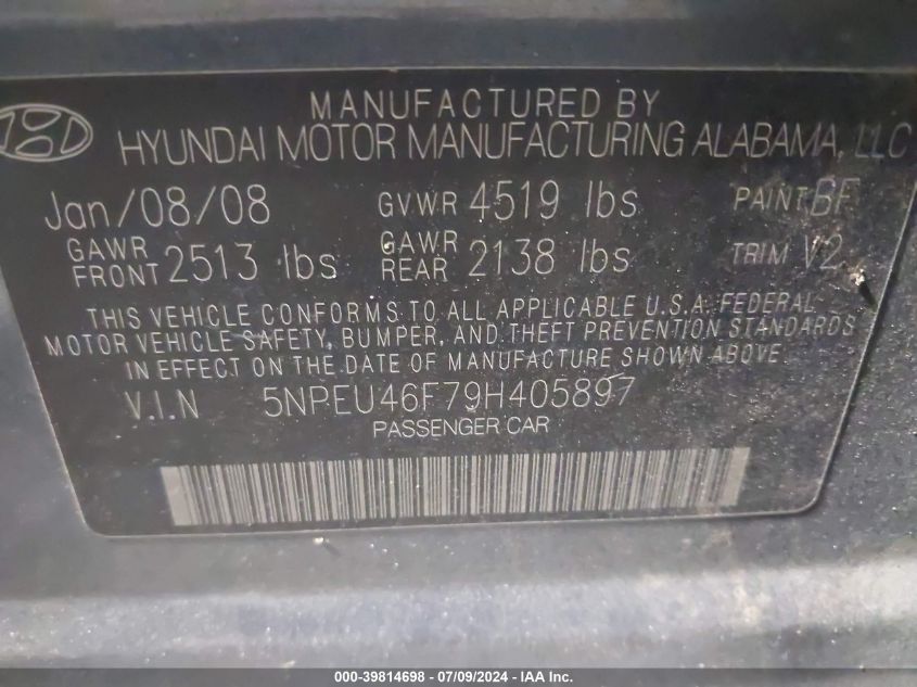 2009 Hyundai Sonata Limited V6 VIN: 5NPEU46F79H405897 Lot: 39814698