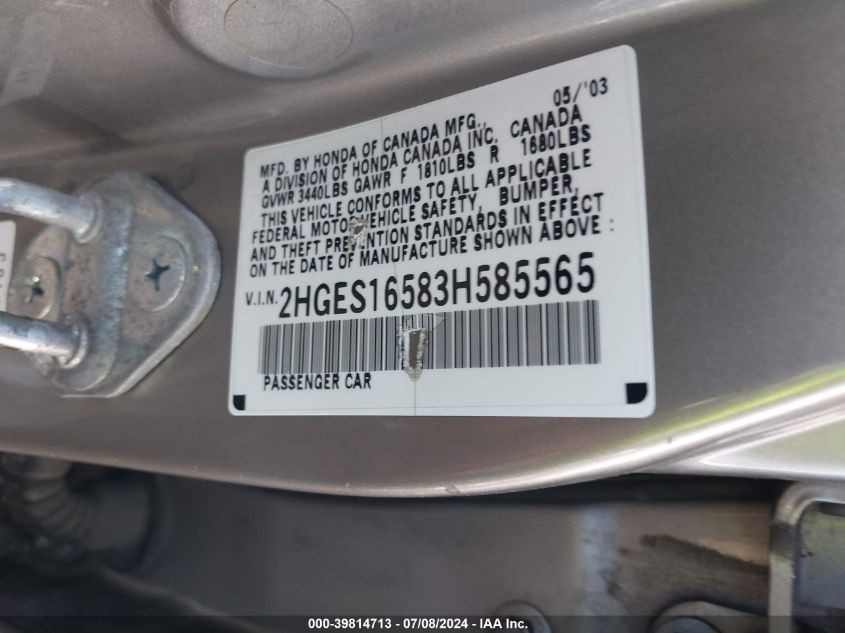 2003 Honda Civic Lx VIN: 2HGES16583H585565 Lot: 39814713