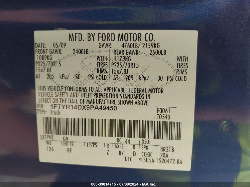 2009 Ford Ranger Xl/Xlt VIN: 1FTYR14DX9PA49450 Lot: 39814715