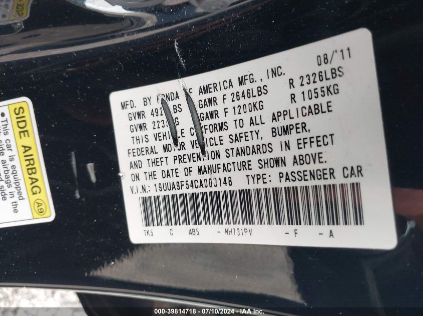 2012 Acura Tl VIN: 19UUA9F54CA003148 Lot: 39814718