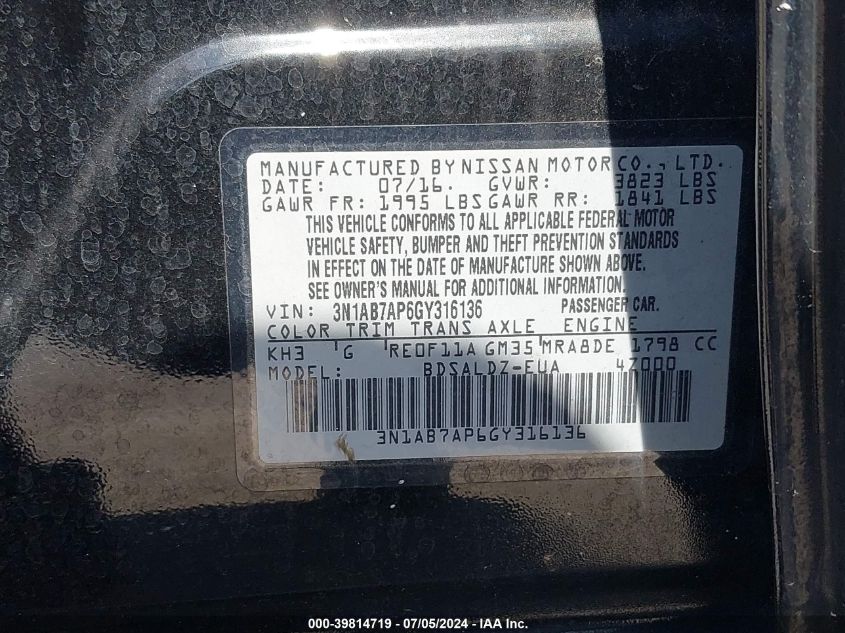 2016 Nissan Sentra Sv VIN: 3N1AB7AP6GY316136 Lot: 39814719