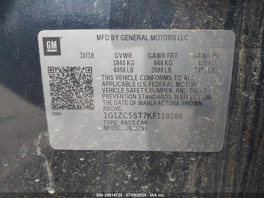 2019 Chevrolet Malibu 1Fl VIN: 1G1ZC5ST7KF119286 Lot: 39814725