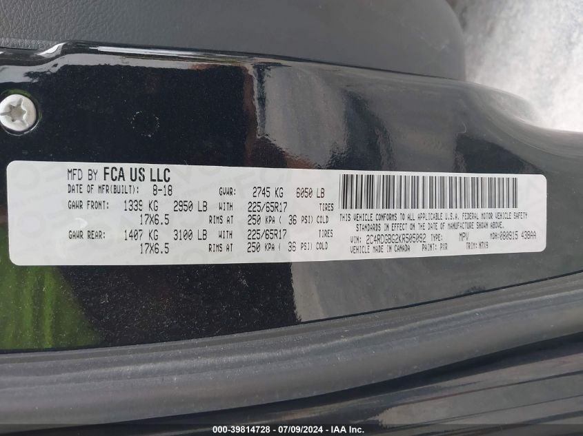 2019 Dodge Grand Caravan Se Plus VIN: 2C4RDGBG2KR505092 Lot: 39814728