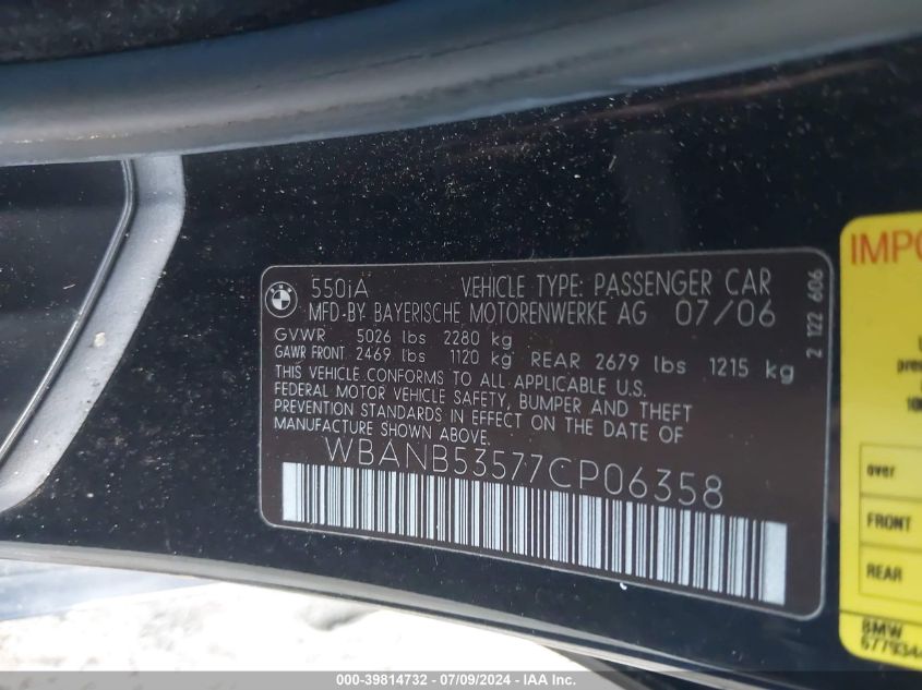 2007 BMW 550I VIN: WBANB53577CP06358 Lot: 39814732