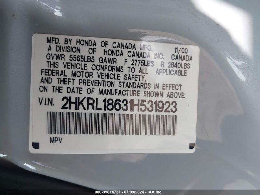 2001 Honda Odyssey Ex VIN: 2HKRL18631H531923 Lot: 39814737