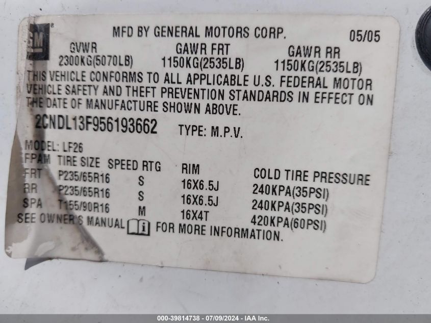 2005 Chevrolet Equinox Ls VIN: 2CNDL13F956193662 Lot: 39814738