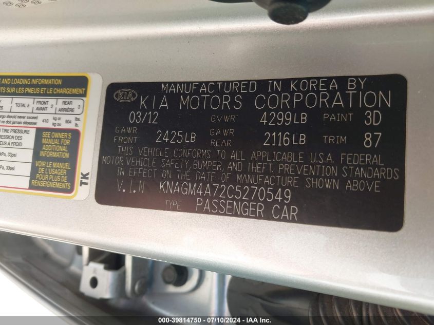 2012 Kia Optima Lx VIN: KNAGM4A72C5270549 Lot: 39814750