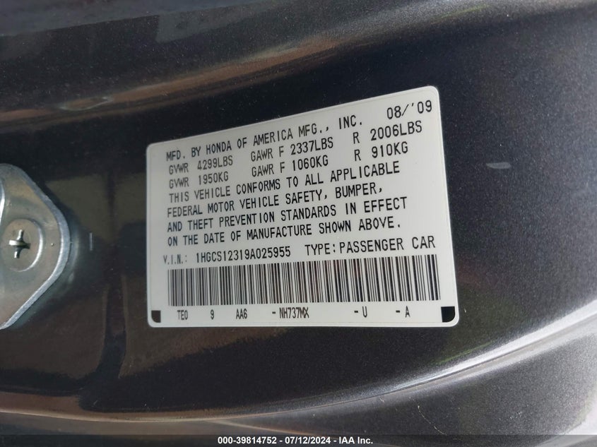 2009 Honda Accord 2.4 Lx-S VIN: 1HGCS12319A025955 Lot: 39814752