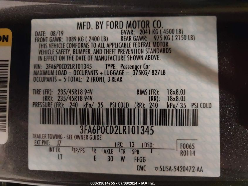 2020 Ford Fusion Sel VIN: 3FA6P0CD2LR101345 Lot: 39814755