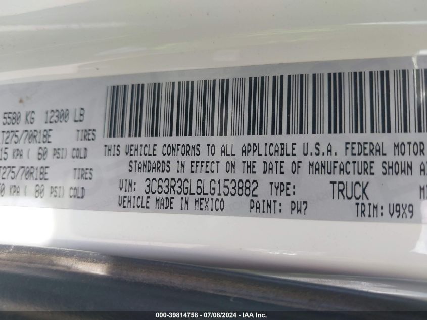 2020 Ram 3500 Tradesman 4X4 8' Box VIN: 3C63R3GL6LG153882 Lot: 39814758