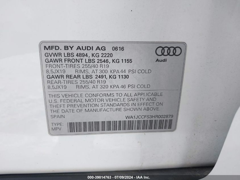 2017 Audi Q3 2.0T Premium VIN: WA1JCCFS3HR002879 Lot: 39814763