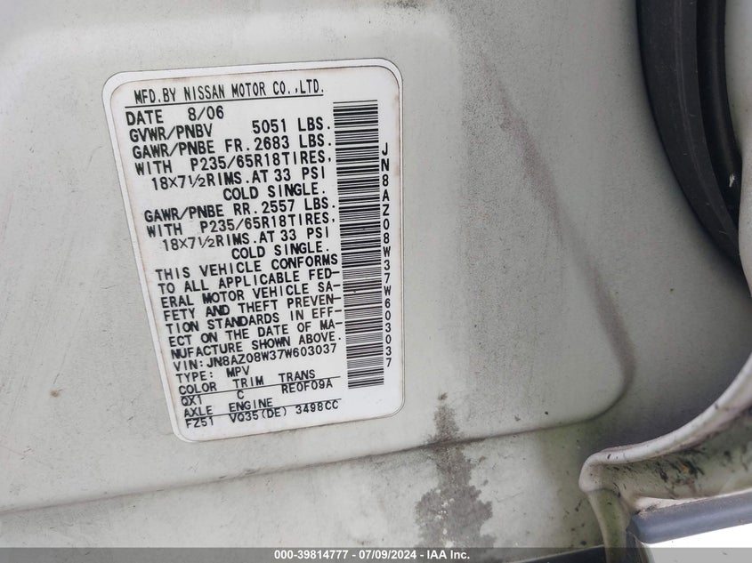 2007 Nissan Murano Sl VIN: JN8AZ08W37W603037 Lot: 39814777