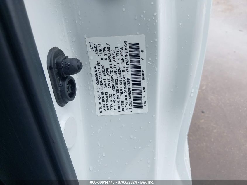 2019 Honda Civic Lx VIN: 2HGFC4B66KH306694 Lot: 39814778