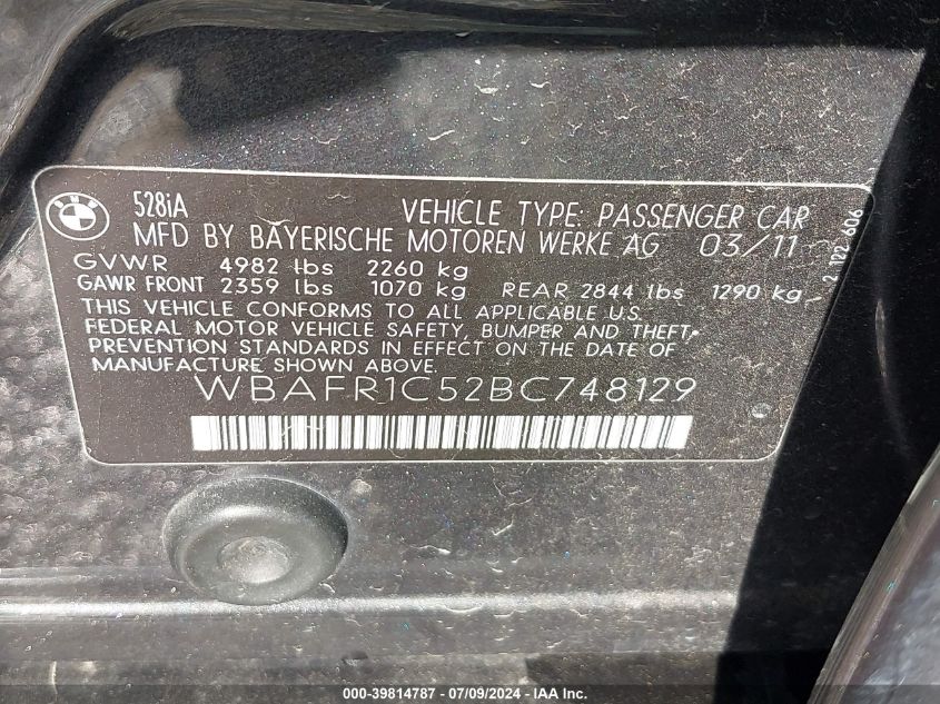 2011 BMW 528I I VIN: WBAFR1C52BC748129 Lot: 39814787