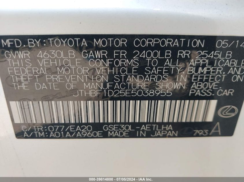 2014 Lexus Is 250 VIN: JTHBF1D25E5038955 Lot: 39814800