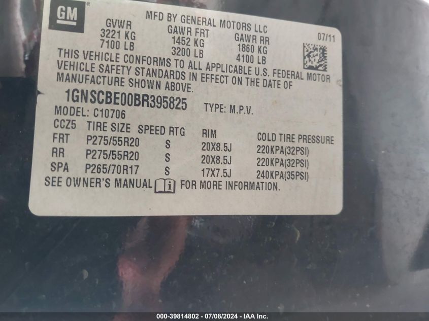 2011 Chevrolet Tahoe Lt VIN: 1GNSCBE00BR395825 Lot: 39814802