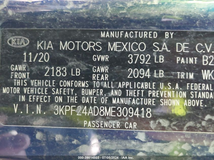2021 Kia Forte Lxs VIN: 3KPF24AD8ME309418 Lot: 39814803