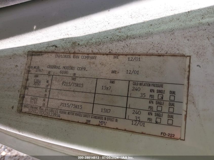 2002 Chevrolet Astro Upfitter VIN: 1GBEL19XX2B123934 Lot: 39814813